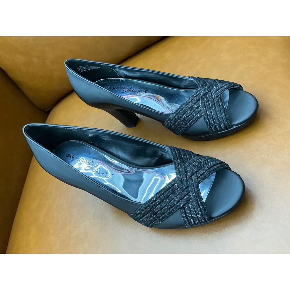 Easy Street Lavish Pumps Womens 8 Black Glitter Peep Toe Heels 31-3461